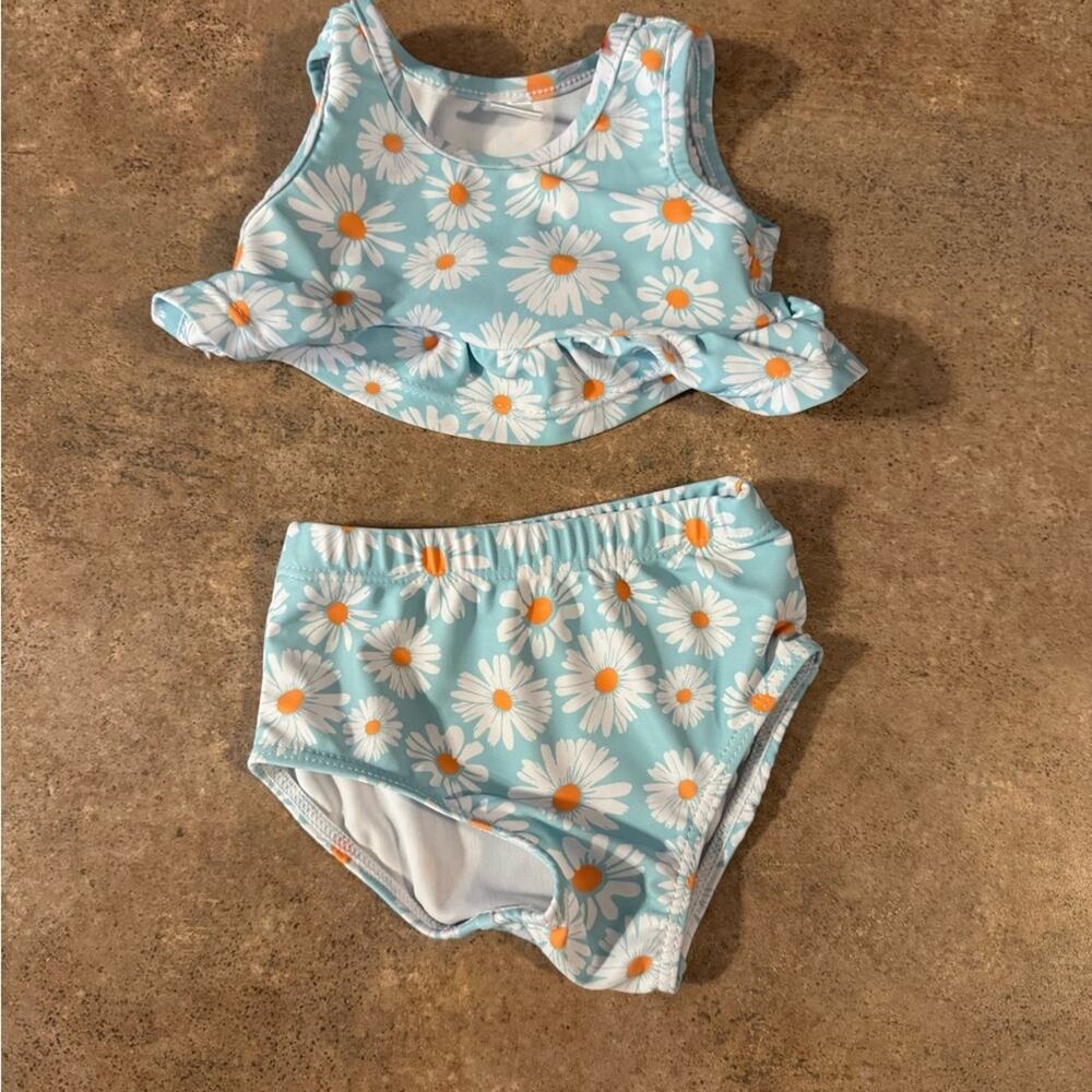 Adorable Infant Blue Daisy Floral Two-Piece Swimsuit 3-6 Months Cottage Summer